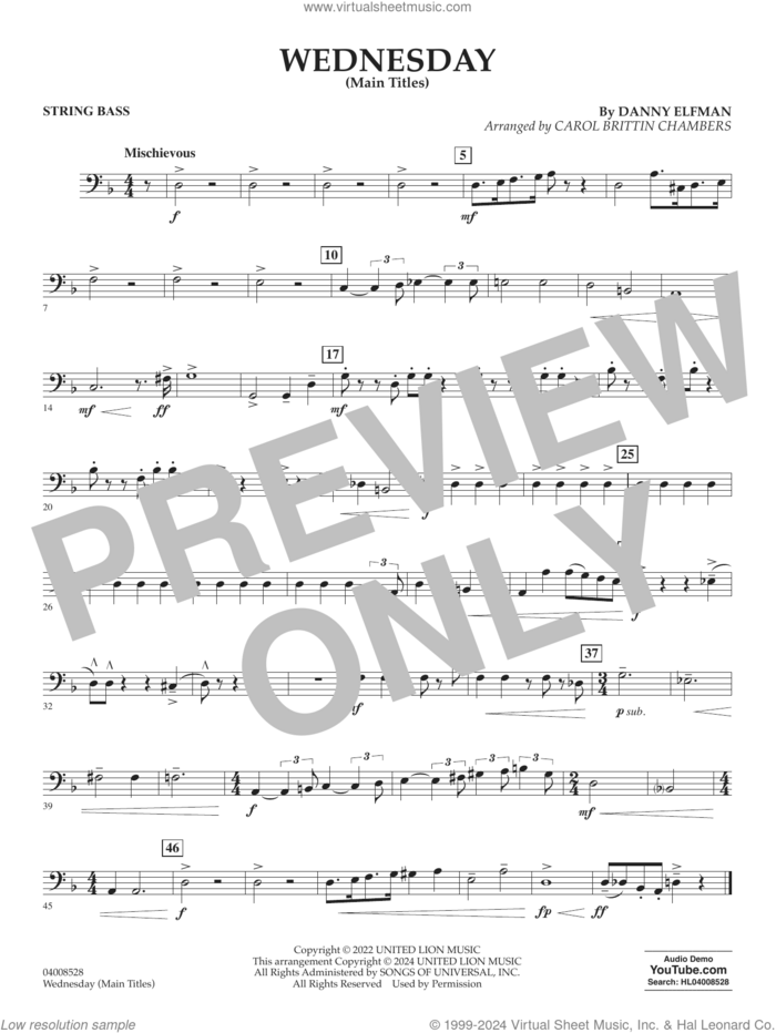 Wednesday (arr. Carol Brittin Chambers) sheet music for concert band (string bass) by Danny Elfman and Carol Brittin Chambers, intermediate skill level