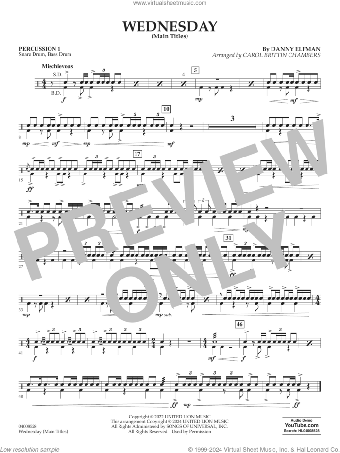 Wednesday (arr. Carol Brittin Chambers) sheet music for concert band (percussion 1) by Danny Elfman and Carol Brittin Chambers, intermediate skill level