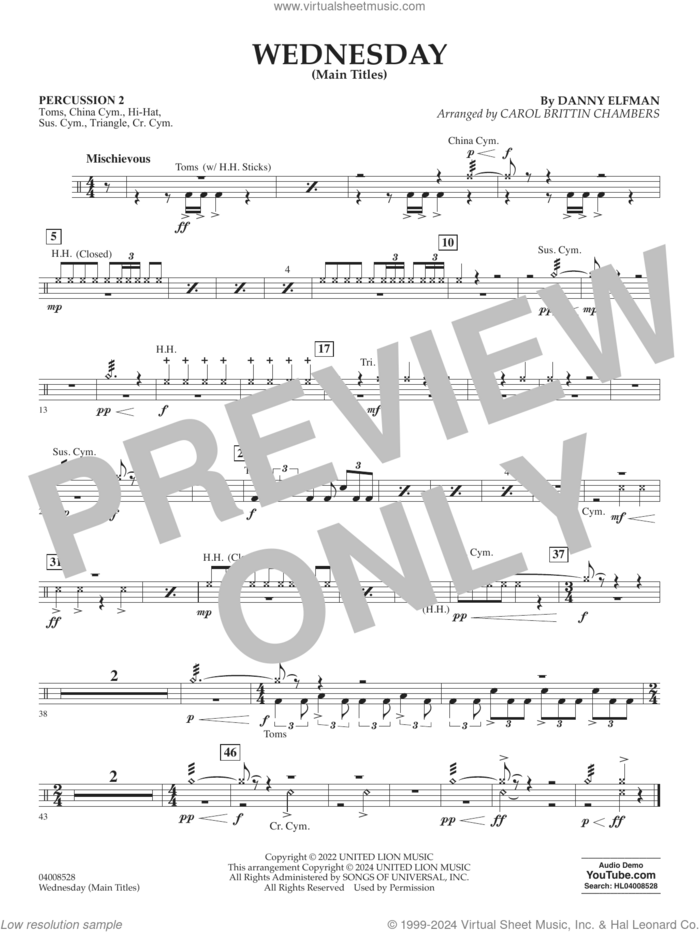 Wednesday (arr. Carol Brittin Chambers) sheet music for concert band (percussion 2) by Danny Elfman and Carol Brittin Chambers, intermediate skill level