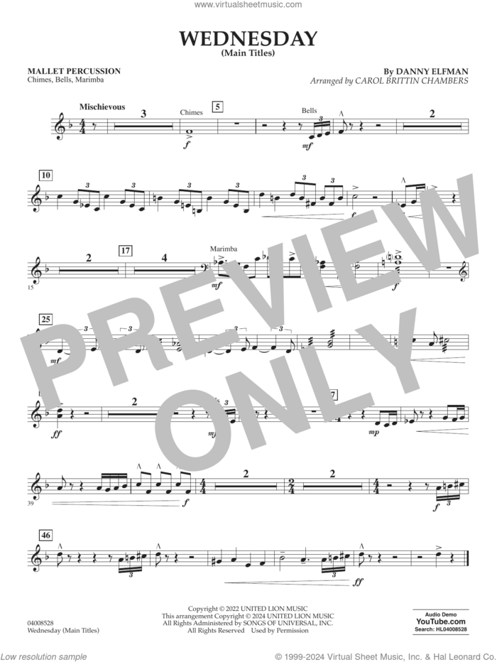 Wednesday (arr. Carol Brittin Chambers) sheet music for concert band (mallet percussion) by Danny Elfman and Carol Brittin Chambers, intermediate skill level