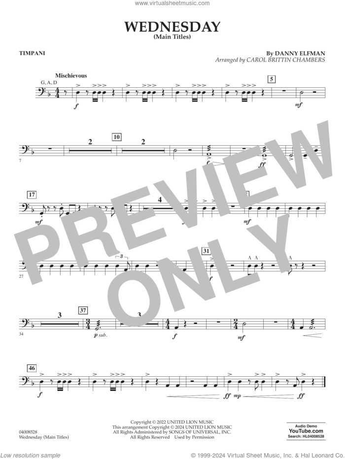 Wednesday (arr. Carol Brittin Chambers) sheet music for concert band (timpani) by Danny Elfman and Carol Brittin Chambers, intermediate skill level