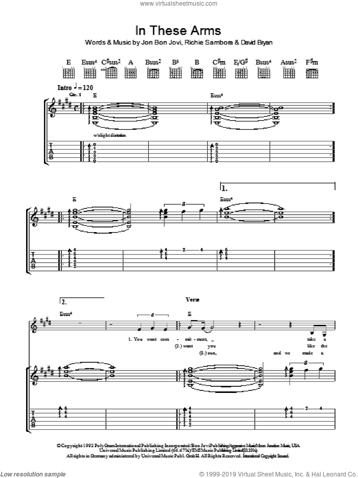 In These Arms sheet music for guitar (tablature) by Bon Jovi, David Bryan and Richie Sambora, intermediate skill level