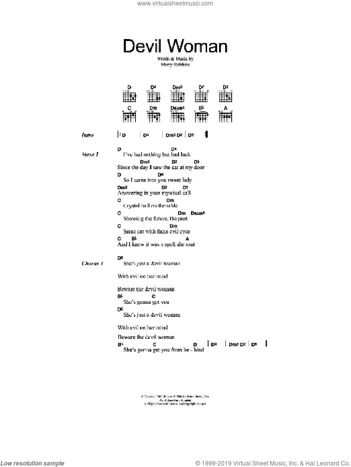 Devil Woman sheet music for guitar (chords) by Marty Robbins, intermediate skill level