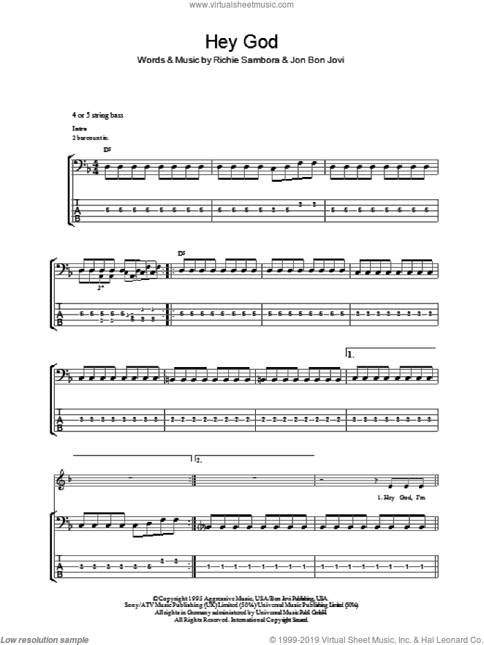 Hey God sheet music for bass (tablature) (bass guitar) by Bon Jovi and Richie Sambora, intermediate skill level