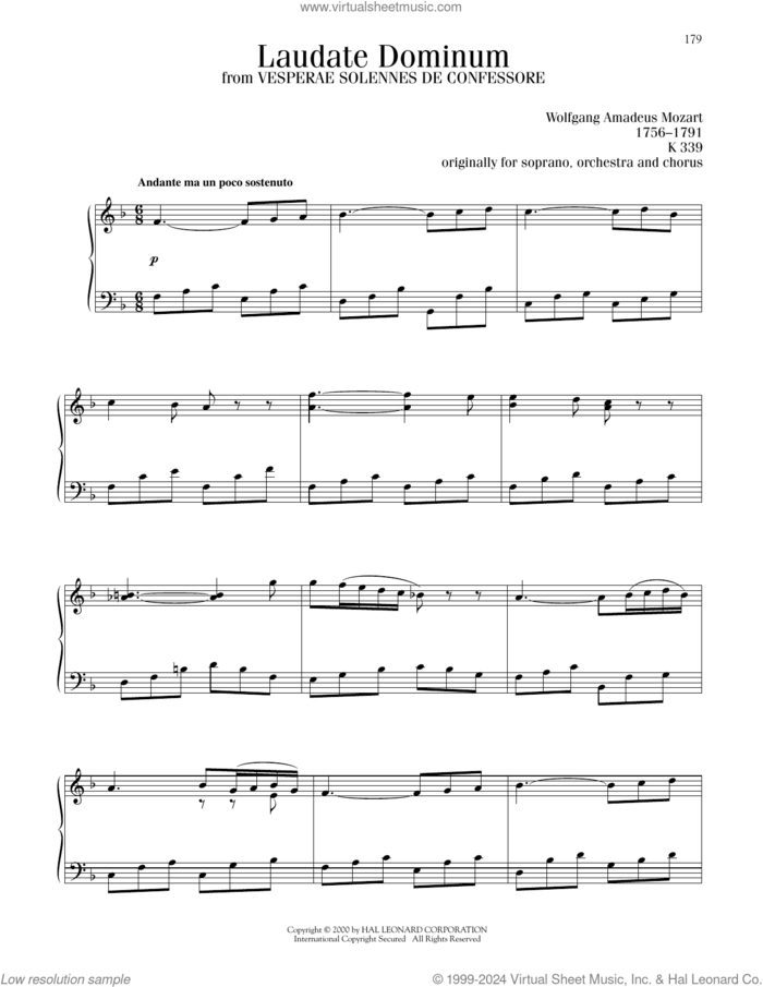 Laudate Dominum sheet music for piano solo by Wolfgang Amadeus Mozart, classical wedding score, intermediate skill level