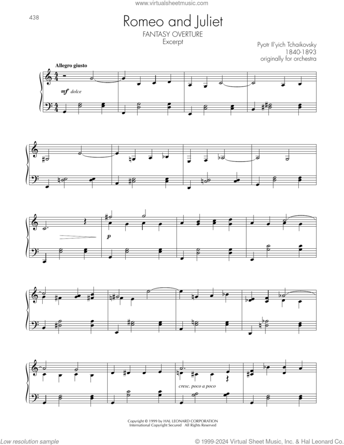 Fantasy Overture Excerpt sheet music for piano solo by Pyotr Ilyich Tchaikovsky, classical score, intermediate skill level