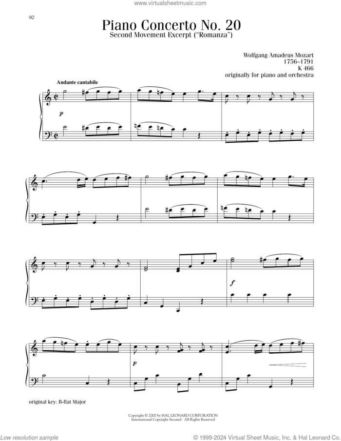 Piano Concerto No. 20, Second Movement ('Romanza') Excerpt sheet music for piano solo by Wolfgang Amadeus Mozart, classical score, intermediate skill level