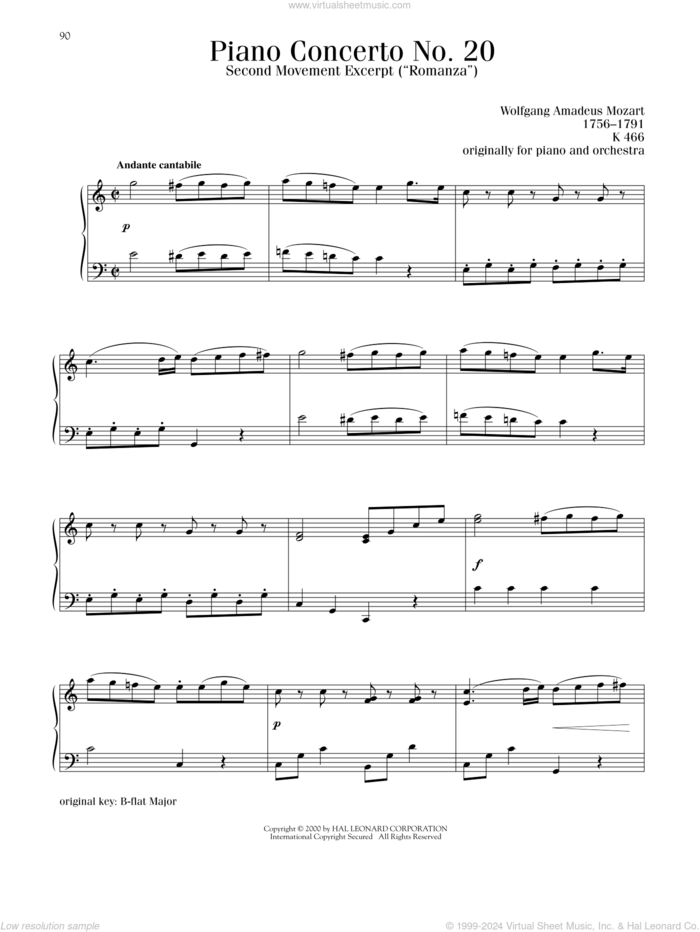 Piano Concerto No. 20, Second Movement ('Romanza') Excerpt sheet music for piano solo by Wolfgang Amadeus Mozart, classical score, intermediate skill level