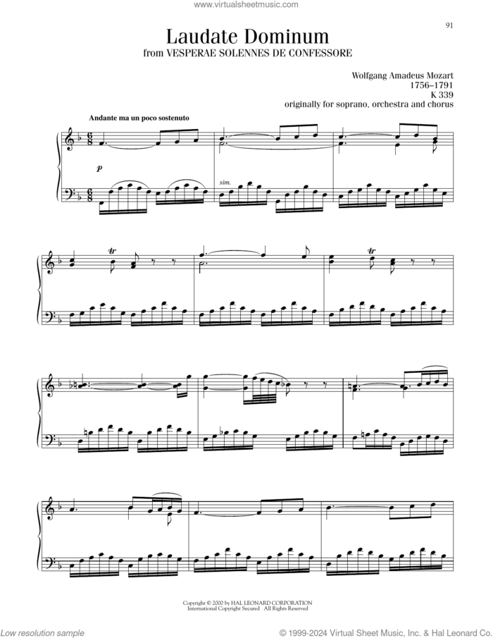Laudate Dominum sheet music for piano solo by Wolfgang Amadeus Mozart, classical wedding score, intermediate skill level