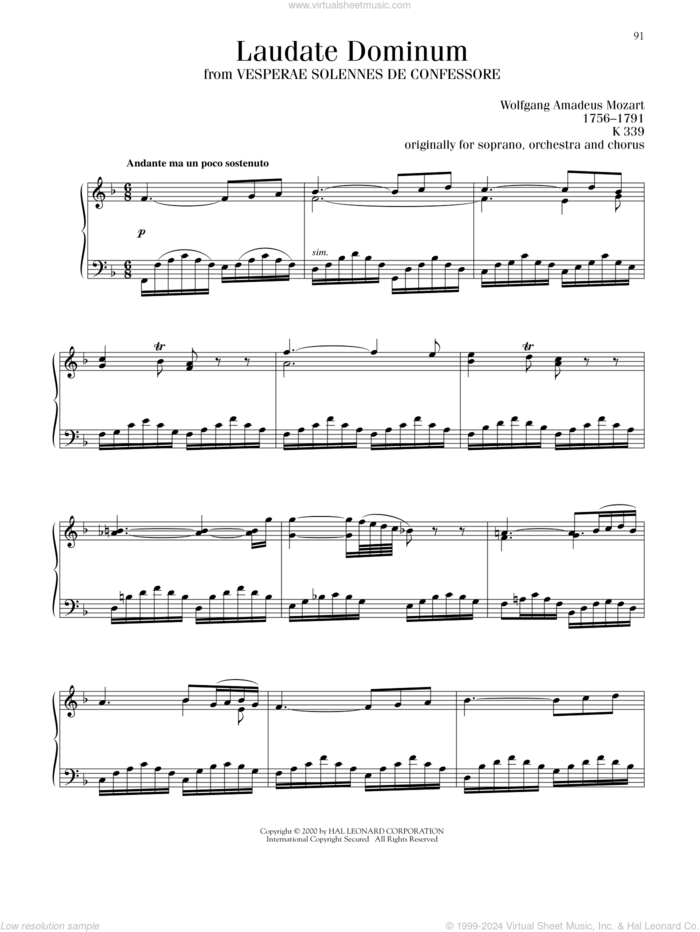 Laudate Dominum sheet music for piano solo by Wolfgang Amadeus Mozart, classical wedding score, intermediate skill level