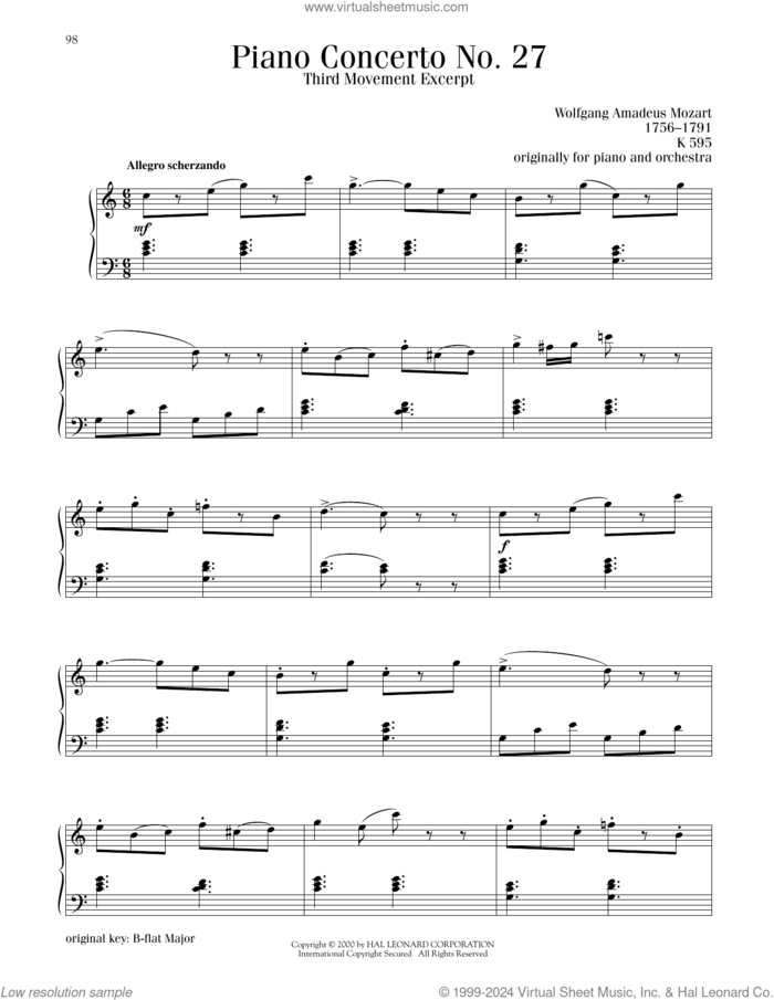 Piano Concerto No. 27, Third Movement Excerpt sheet music for piano solo by Wolfgang Amadeus Mozart, classical score, intermediate skill level