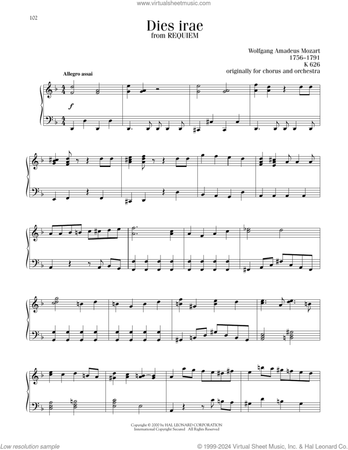 Dies Irae sheet music for piano solo by Wolfgang Amadeus Mozart, classical score, intermediate skill level