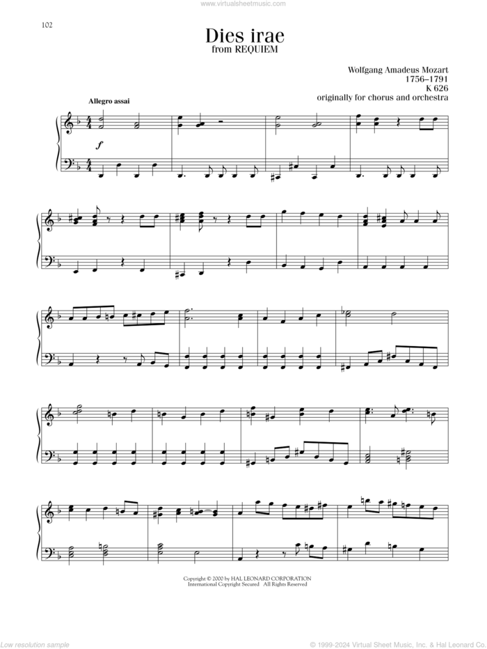 Dies Irae sheet music for piano solo by Wolfgang Amadeus Mozart, classical score, intermediate skill level