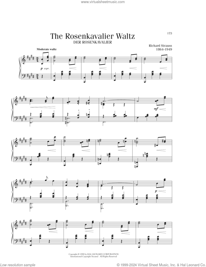 The Rosenkavalier Waltz sheet music for piano solo by Richard Strauss, classical score, intermediate skill level