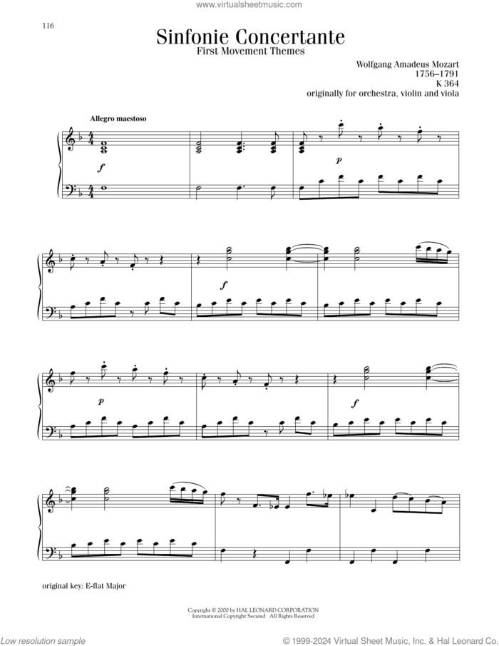 Sinfonie Concertante, First Movement Themes sheet music for piano solo by Wolfgang Amadeus Mozart, classical score, intermediate skill level