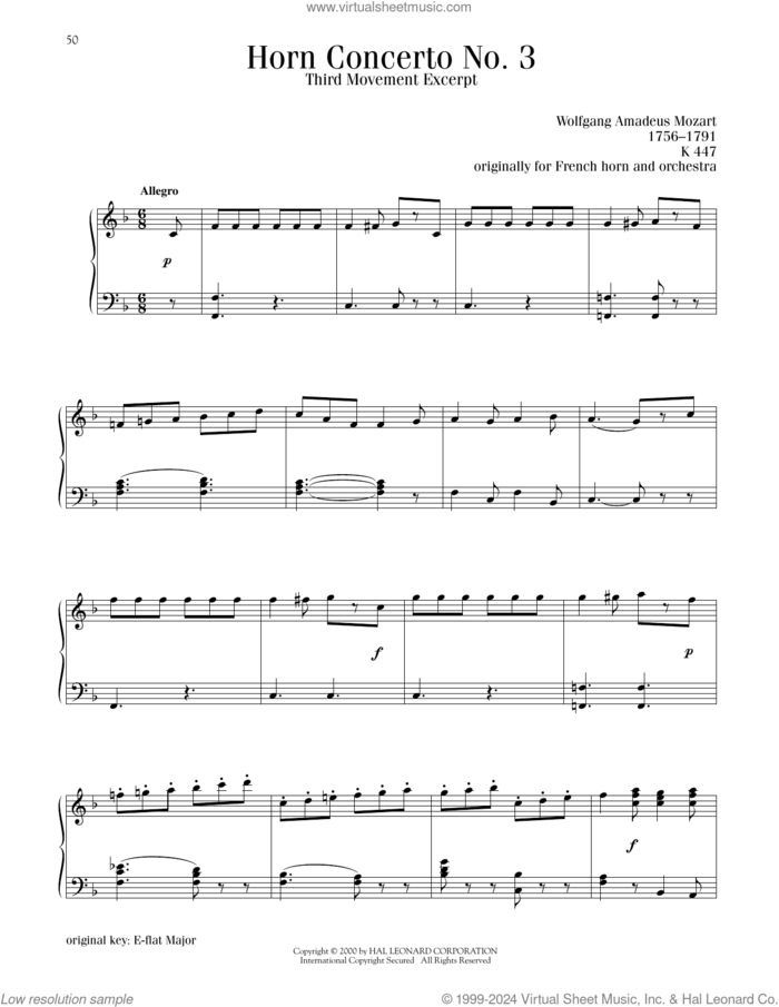 Horn Concerto No. 3, Third Movement Excerpt sheet music for piano solo by Wolfgang Amadeus Mozart, classical score, intermediate skill level