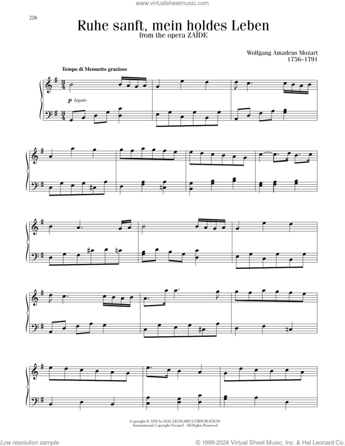 Ruhe Sanft, Mein Holdes Leben sheet music for piano solo by Wolfgang Amadeus Mozart, classical score, intermediate skill level