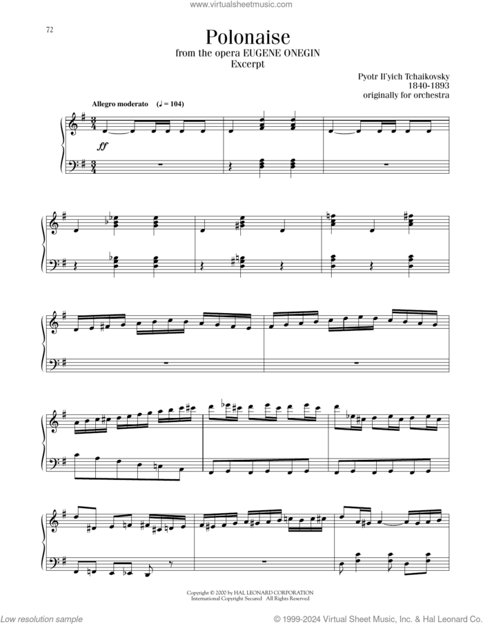 Polonaise sheet music for piano solo by Pyotr Ilyich Tchaikovsky, classical score, intermediate skill level
