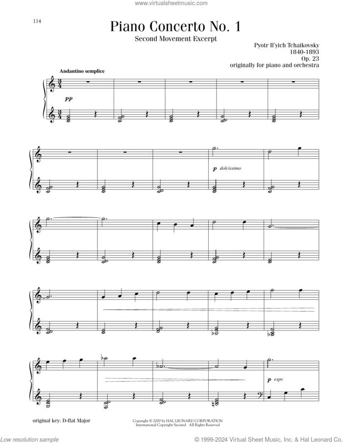 Piano Concerto No. 1 In B-Flat Minor, Op. 23, Second Movement Excerpt sheet music for piano solo by Pyotr Ilyich Tchaikovsky, classical score, intermediate skill level