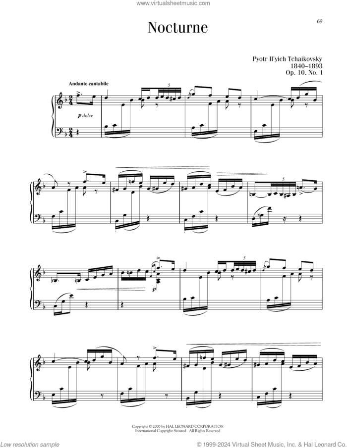 Nocturne, Op. 10, No. 1 sheet music for piano solo by Pyotr Ilyich Tchaikovsky, classical score, intermediate skill level