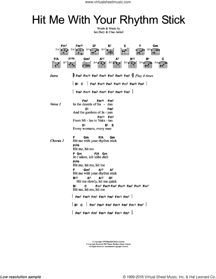 Hit Me With Your Rhythm Stick sheet music for guitar (chords) by Ian Dury And The Blockheads and Ian Dury & The Blockheads, Chas Jankel and Ian Dury, intermediate skill level