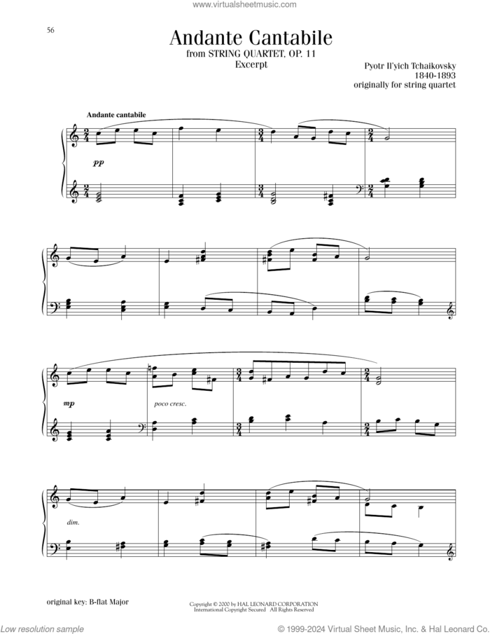 Andante Cantabile sheet music for piano solo by Pyotr Ilyich Tchaikovsky, classical score, intermediate skill level