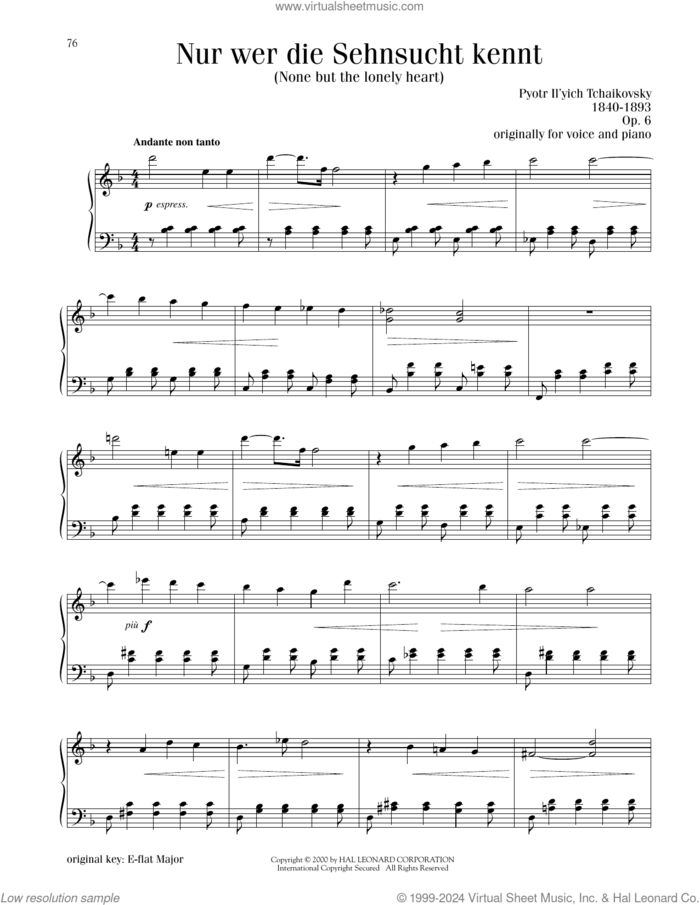 None But The Lonely Heart (Nur Wer Die Sehnsucht Kennt), Op. 6 sheet music for piano solo by Pyotr Ilyich Tchaikovsky, classical score, intermediate skill level