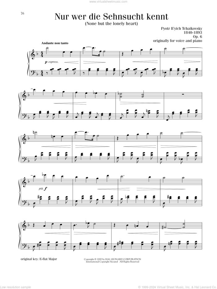 None But The Lonely Heart (Nur Wer Die Sehnsucht Kennt), Op. 6 sheet music for piano solo by Pyotr Ilyich Tchaikovsky, classical score, intermediate skill level