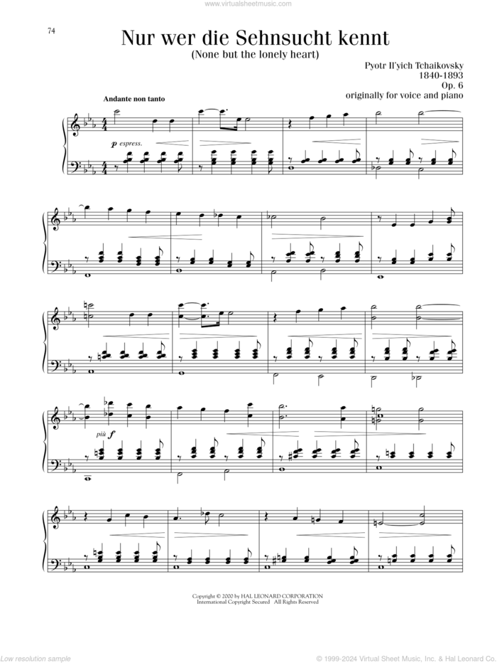 None But The Lonely Heart (Nur Wer Die Sehnsucht Kennt), Op. 6 sheet music for piano solo by Pyotr Ilyich Tchaikovsky, classical score, intermediate skill level