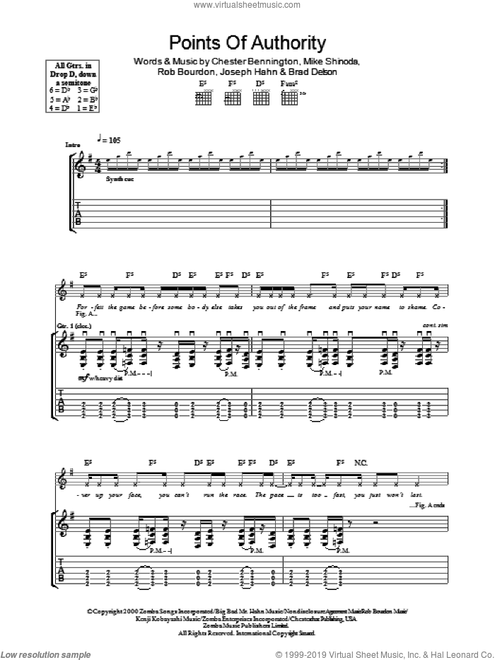 Points Of Authority sheet music for guitar (tablature) by Linkin Park, Brad Delson, Chester Bennington, Joseph Hahn, Mike Shinoda and Rob Bourdon, intermediate skill level