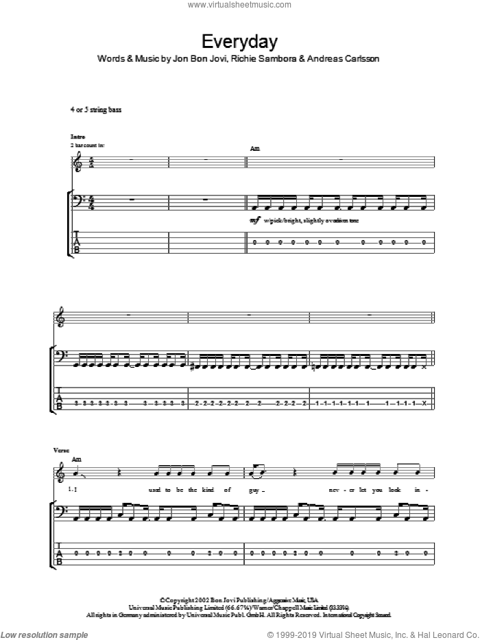 Everyday sheet music for bass (tablature) (bass guitar) by Bon Jovi, Andreas Carlsson and Richie Sambora, intermediate skill level
