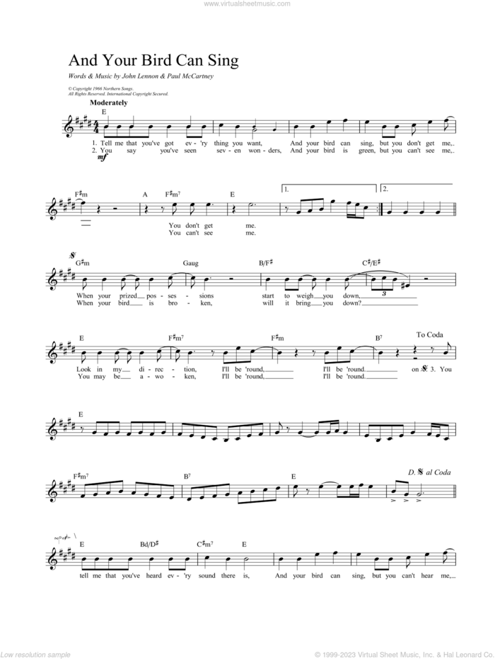 And Your Bird Can Sing sheet music for voice and other instruments (fake book) by The Beatles, John Lennon and Paul McCartney, intermediate skill level