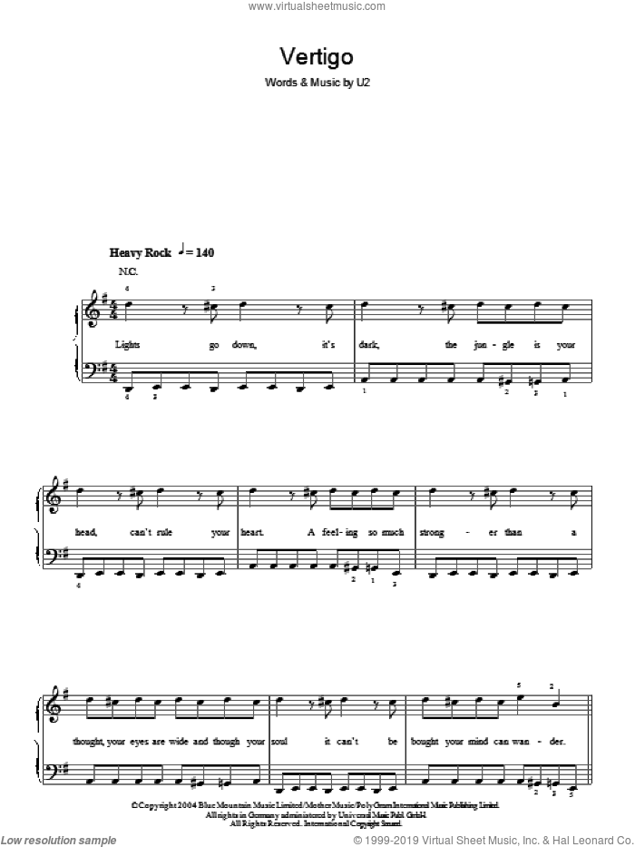 Vertigo sheet music for piano solo by U2, easy skill level