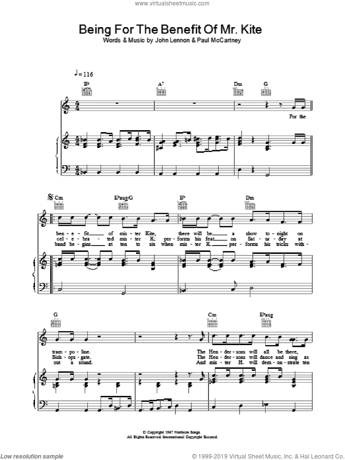 Being For The Benefit Of Mr Kite sheet music for voice, piano or guitar by The Beatles, intermediate skill level