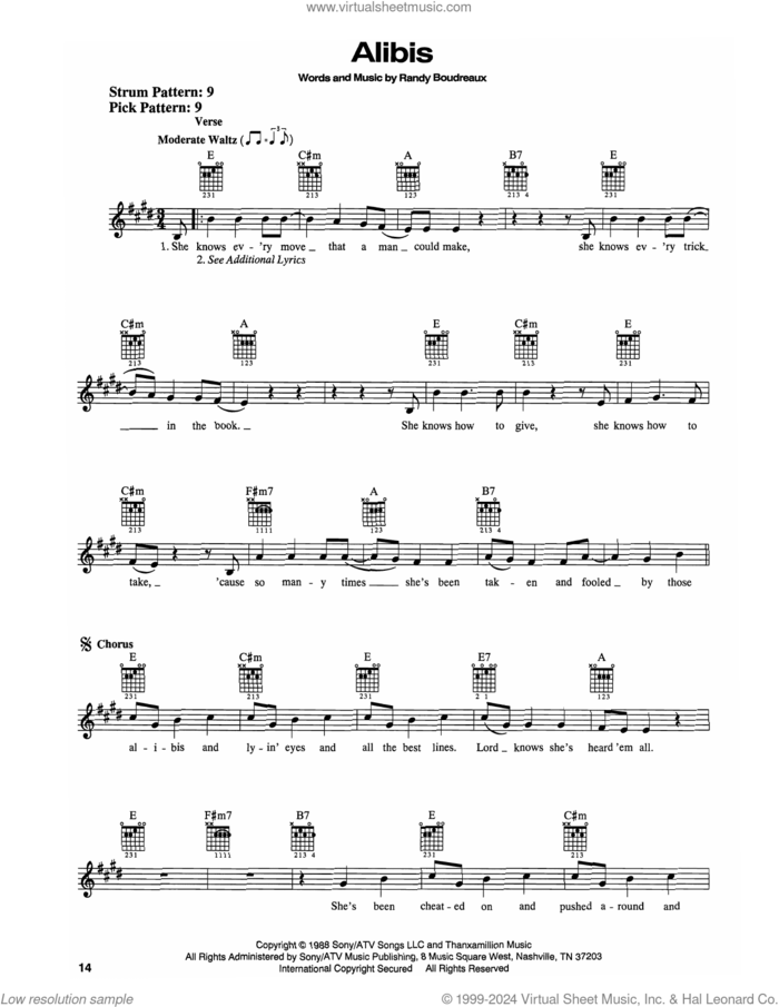 Alibis sheet music for guitar solo (chords) by Tracy Lawrence and Randy Boudreaux, easy guitar (chords)