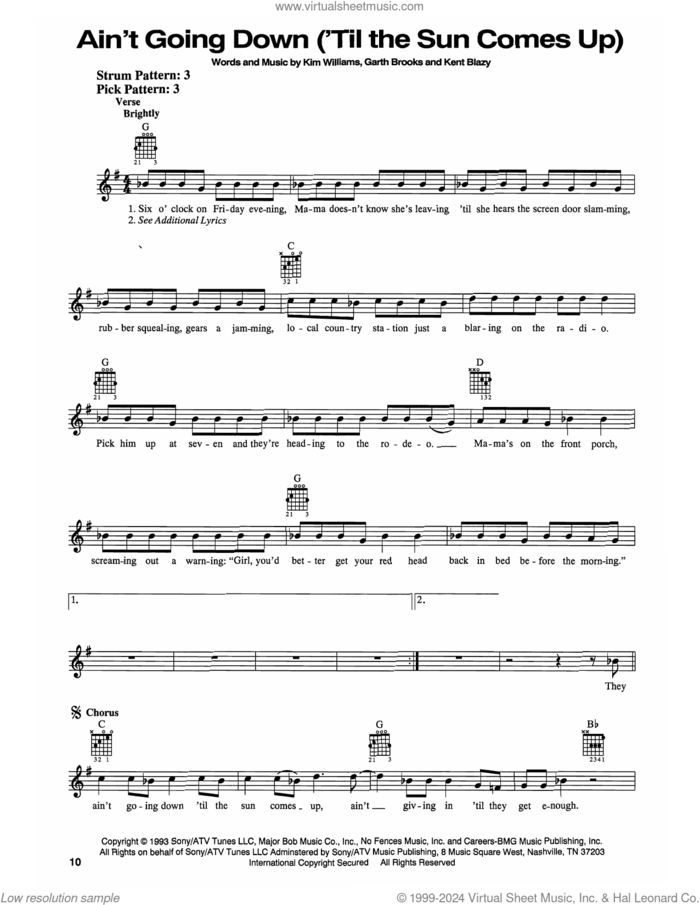 Ain't Goin' Down ('Til The Sun Comes Up) sheet music for guitar solo (chords) by Garth Brooks, Kent Blazy and Kim Williams, easy guitar (chords)