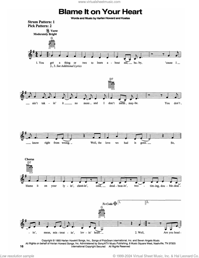 Blame It On Your Heart sheet music for guitar solo (chords) by Patty Loveless, Harlan Howard and Kostas, easy guitar (chords)