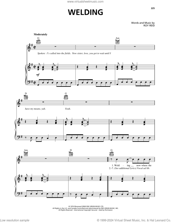 Welding sheet music for voice, piano or guitar by I-Roy and Roy Reid, intermediate skill level