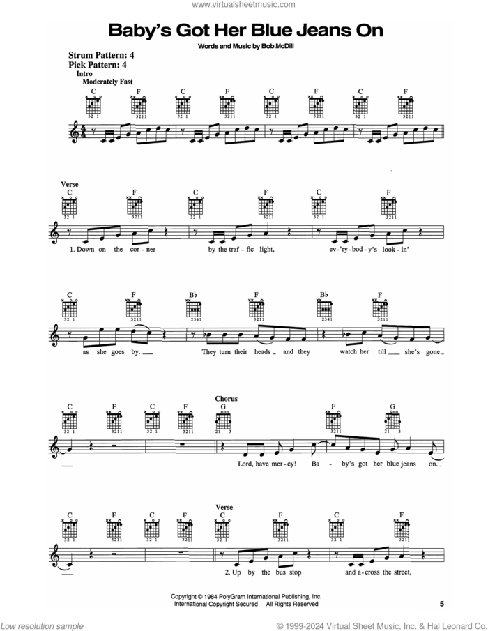 Baby's Got Her Blue Jeans On sheet music for guitar solo (chords) by Mel McDaniel and Bob McDill, easy guitar (chords)