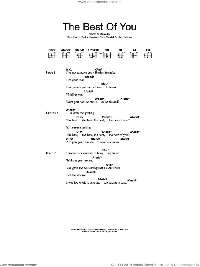 Best Of You sheet music for guitar (chords) by Foo Fighters, Chris Shiflett, Dave Grohl, Nate Mendel and Taylor Hawkins, intermediate skill level