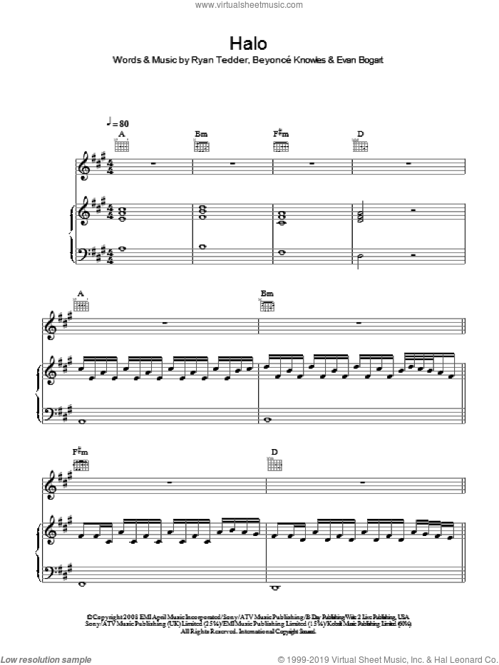 Halo sheet music for voice, piano or guitar by Beyonce, Evan Bogart and Ryan Tedder, intermediate skill level