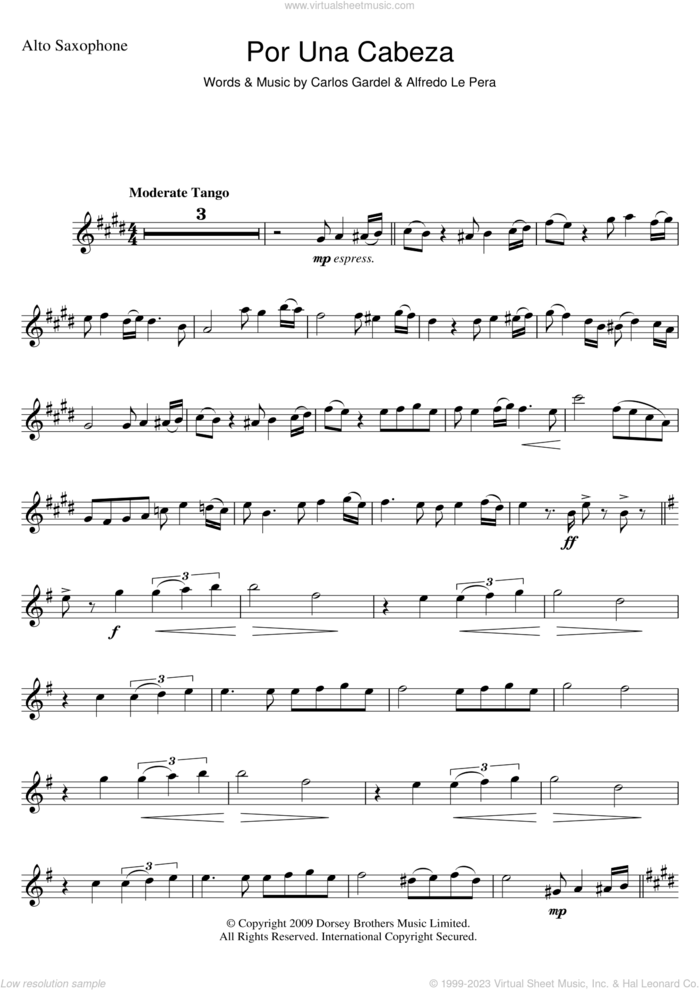 Por Una Cabeza sheet music for alto saxophone solo by Carlos Gardel and Alfredo Le Pera, intermediate skill level