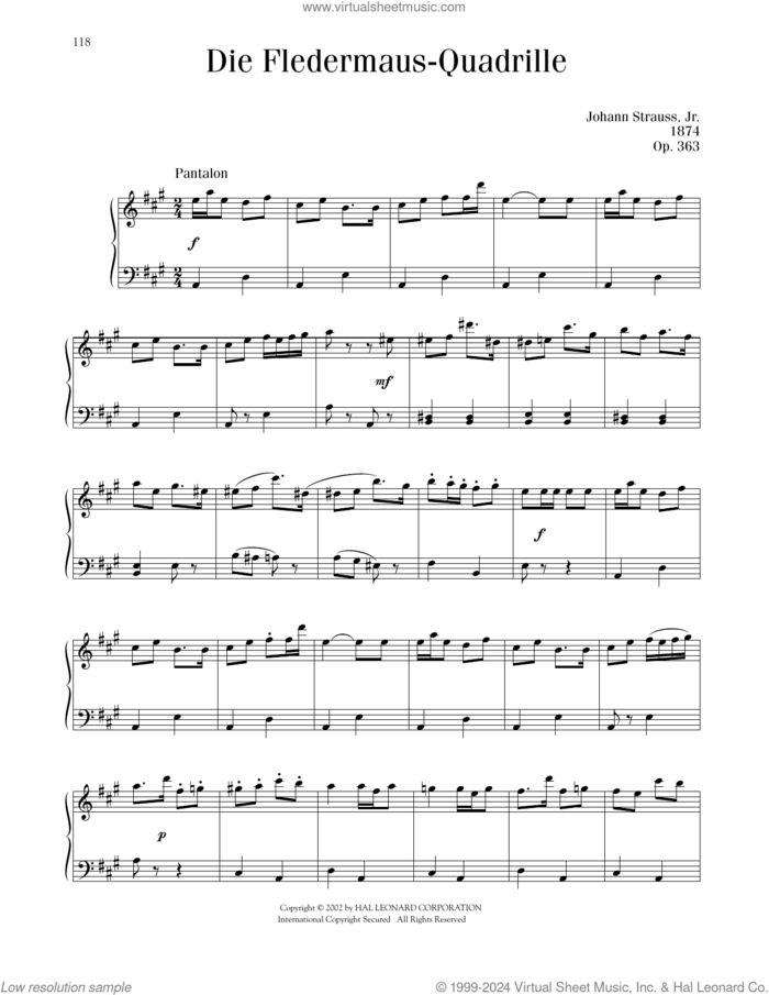 Fledermaus-Quadrille, Op. 363 sheet music for piano solo by Johann Strauss, classical score, intermediate skill level