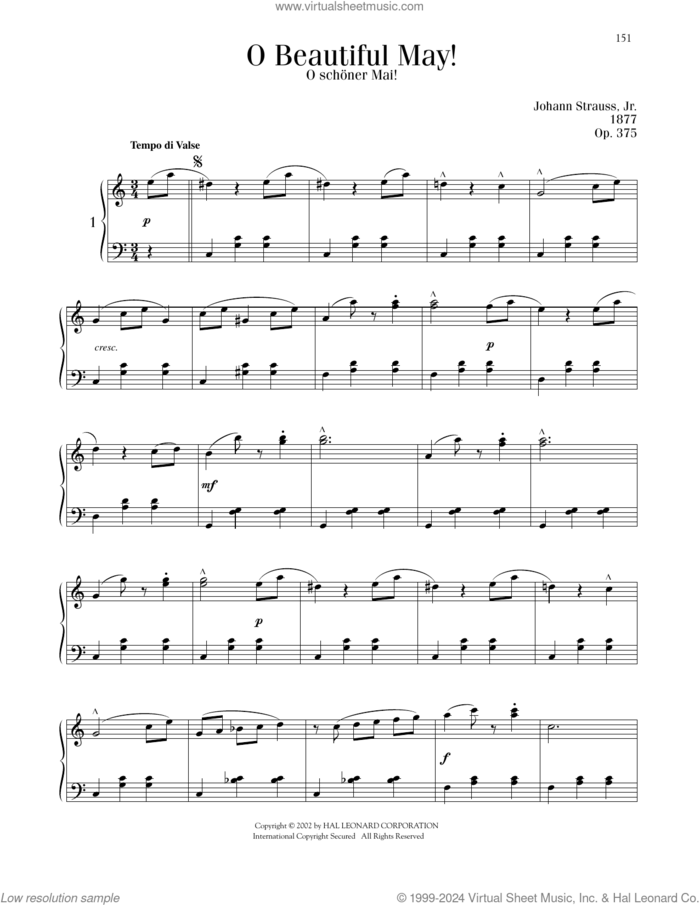 O Beautiful May!, Op. 375 sheet music for piano solo by Johann Strauss, classical score, intermediate skill level