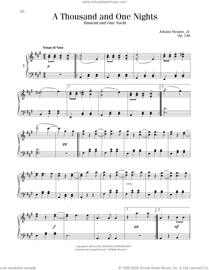 A Thousand And One Nights, Op. 346 sheet music for piano solo by Johann Strauss, classical score, intermediate skill level