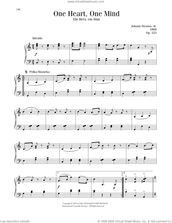One Heart, One Mind, Op. 323 sheet music for piano solo by Johann Strauss, classical score, intermediate skill level