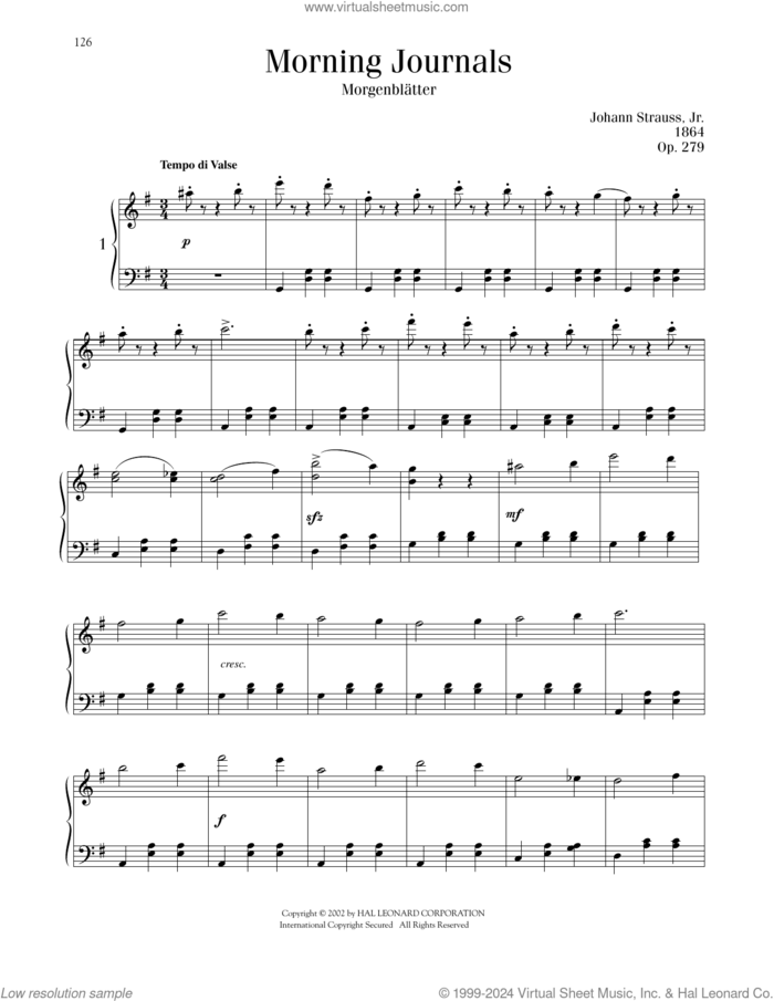 Morning Journals, Op. 279 sheet music for piano solo by Johann Strauss, classical score, intermediate skill level