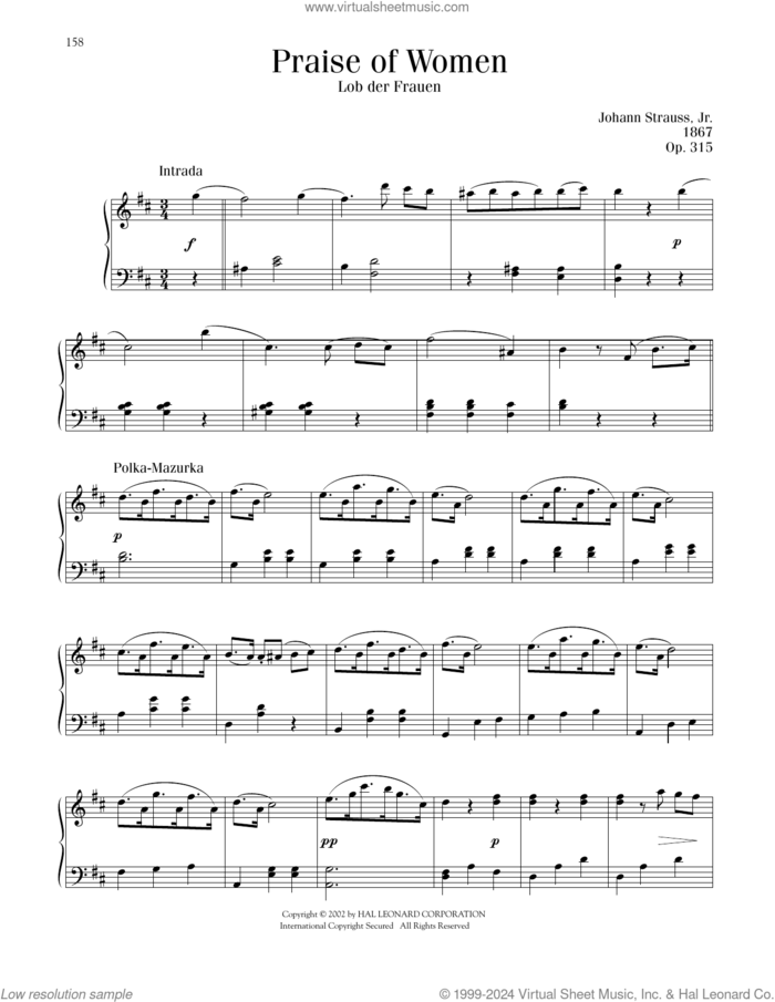 Praise Of Women, Op. 315 sheet music for piano solo by Johann Strauss, classical score, intermediate skill level