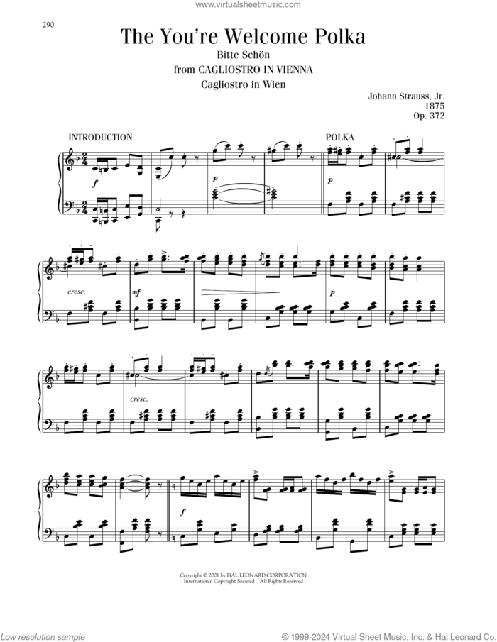 The You're Welcome Polka, Op. 372 sheet music for piano solo by Johann Strauss, classical score, intermediate skill level