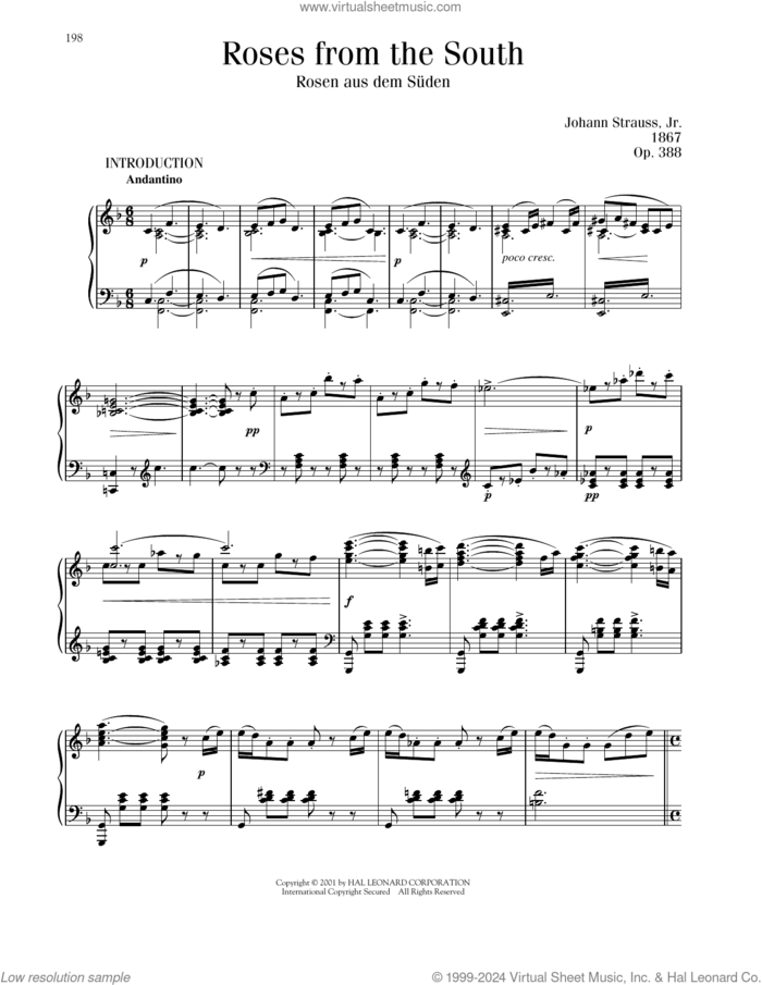 Roses From The South, Op. 388 sheet music for piano solo by Johann Strauss, classical score, intermediate skill level